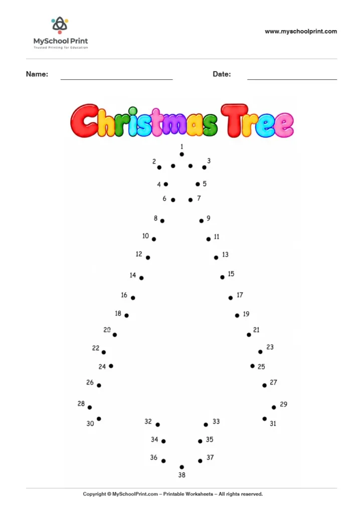 Christmas Tree dot to dot worksheet for kids