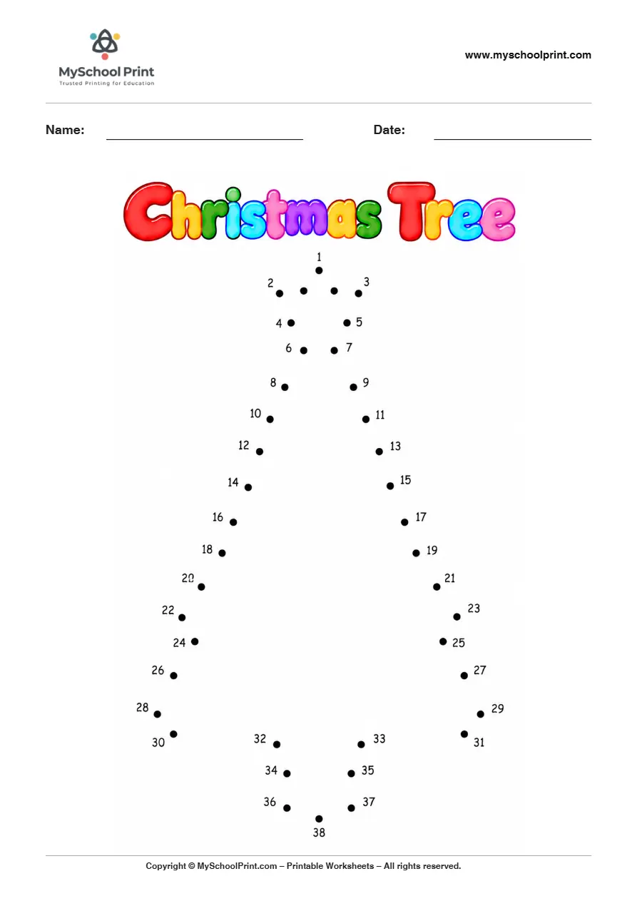Christmas Tree dot to dot worksheet for kids