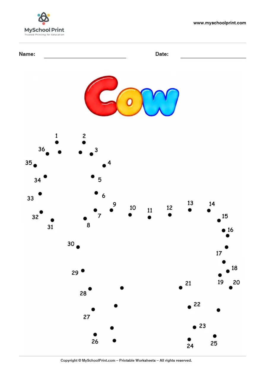 Cow dot to dot worksheet for kids