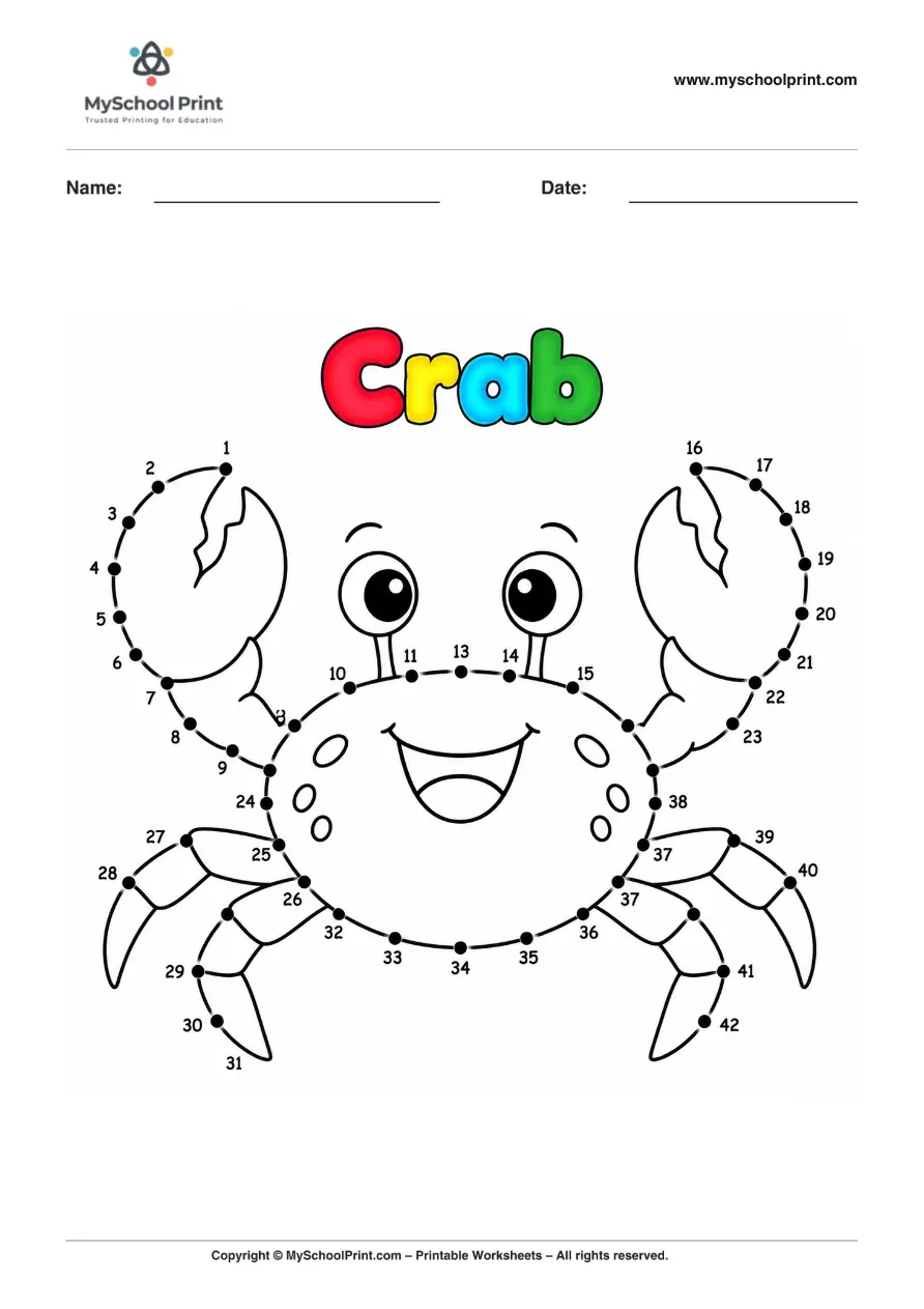 Dot to Dot Crab Coloring Worksheet for Kids