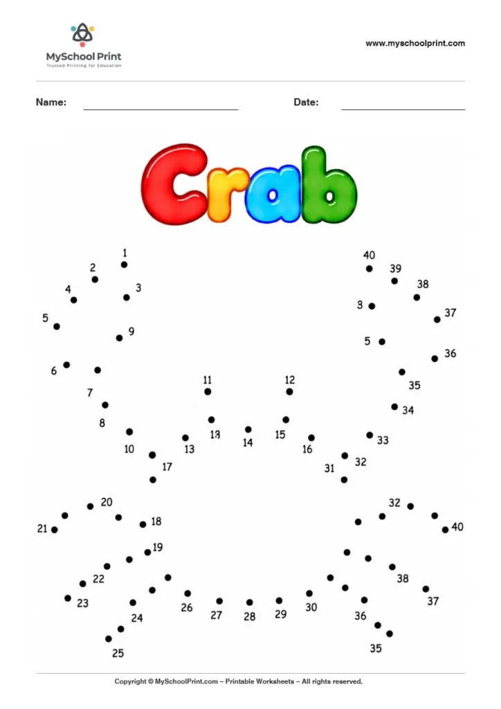 Crab dot to dot worksheet for kids