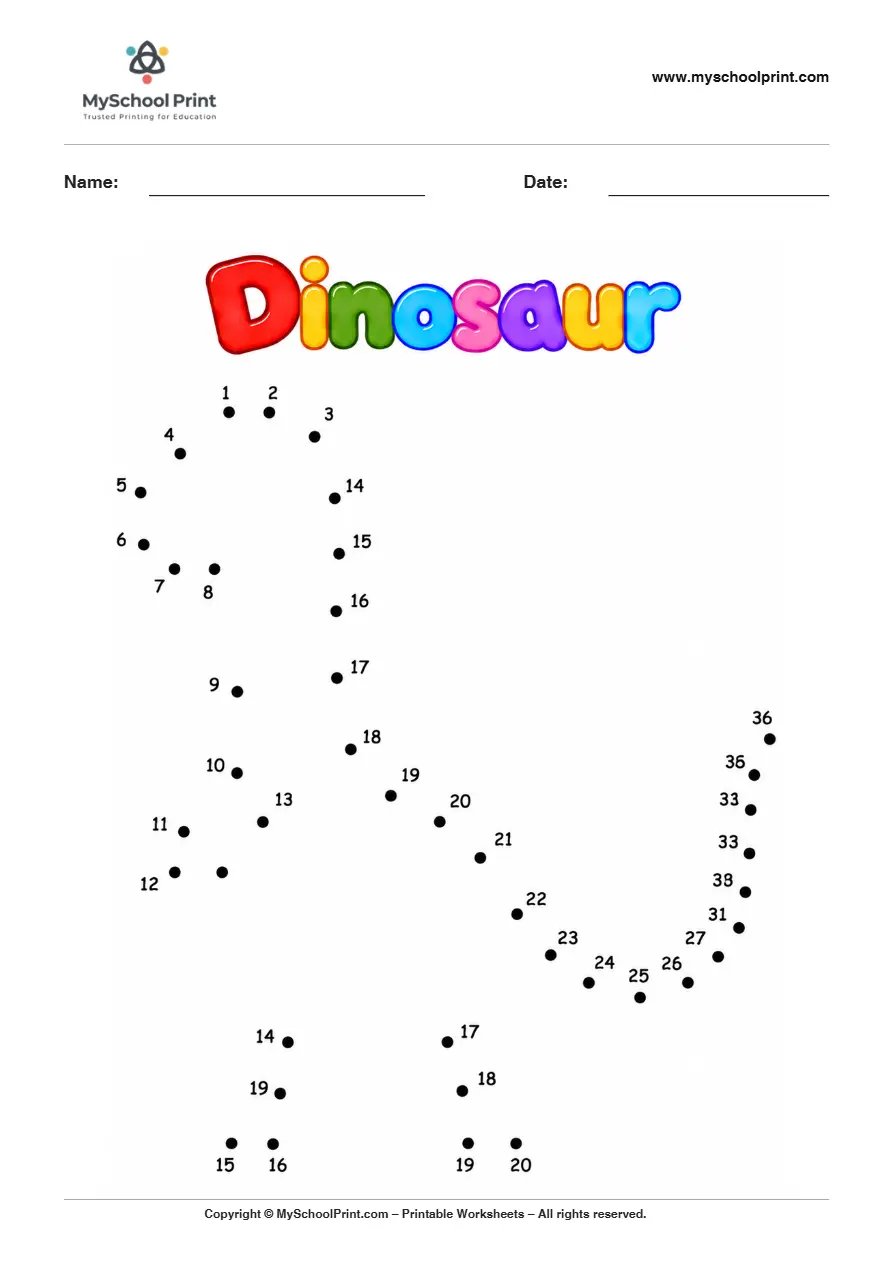 Dinosaur dot to dot worksheet for kids