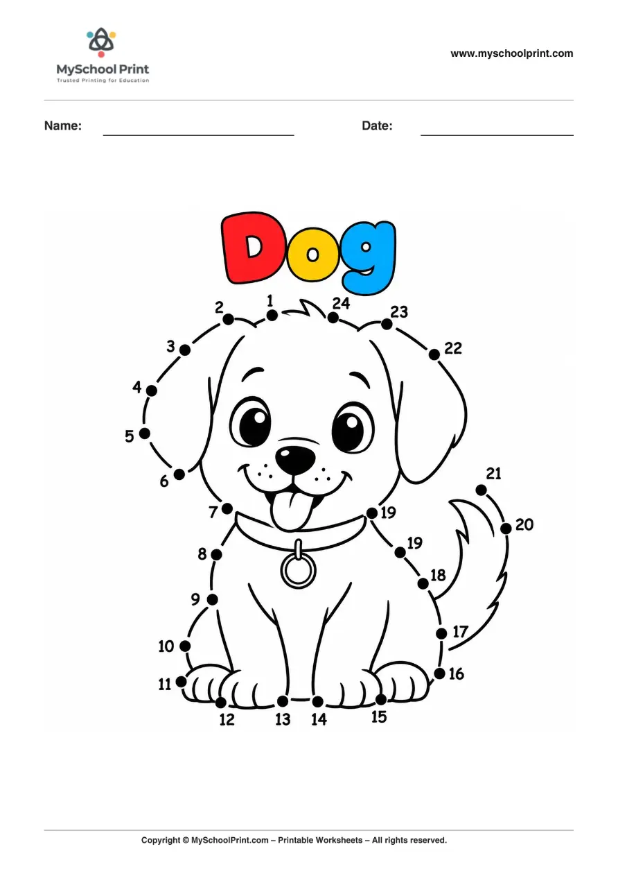 Dot to Dot Dog Coloring Worksheet for Kids