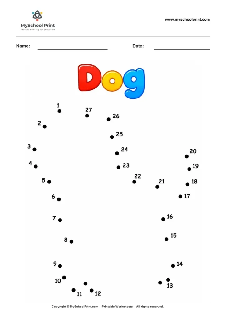 Dog dot to dot worksheet for kids