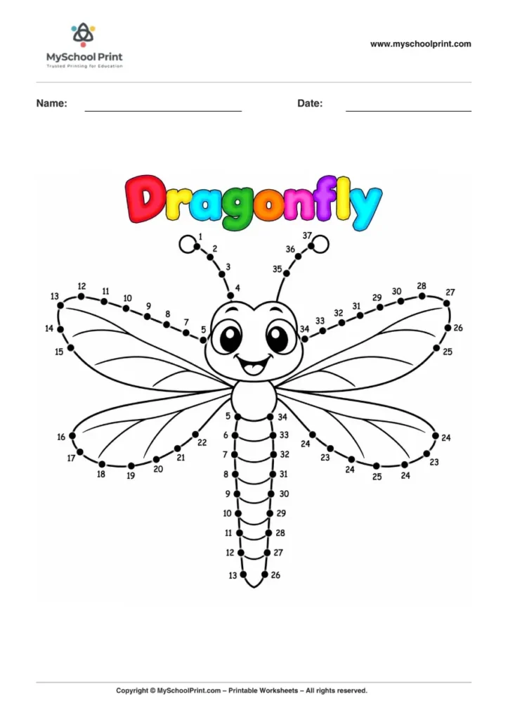 Dot to Dot Dragonfly Coloring Worksheet for Kids