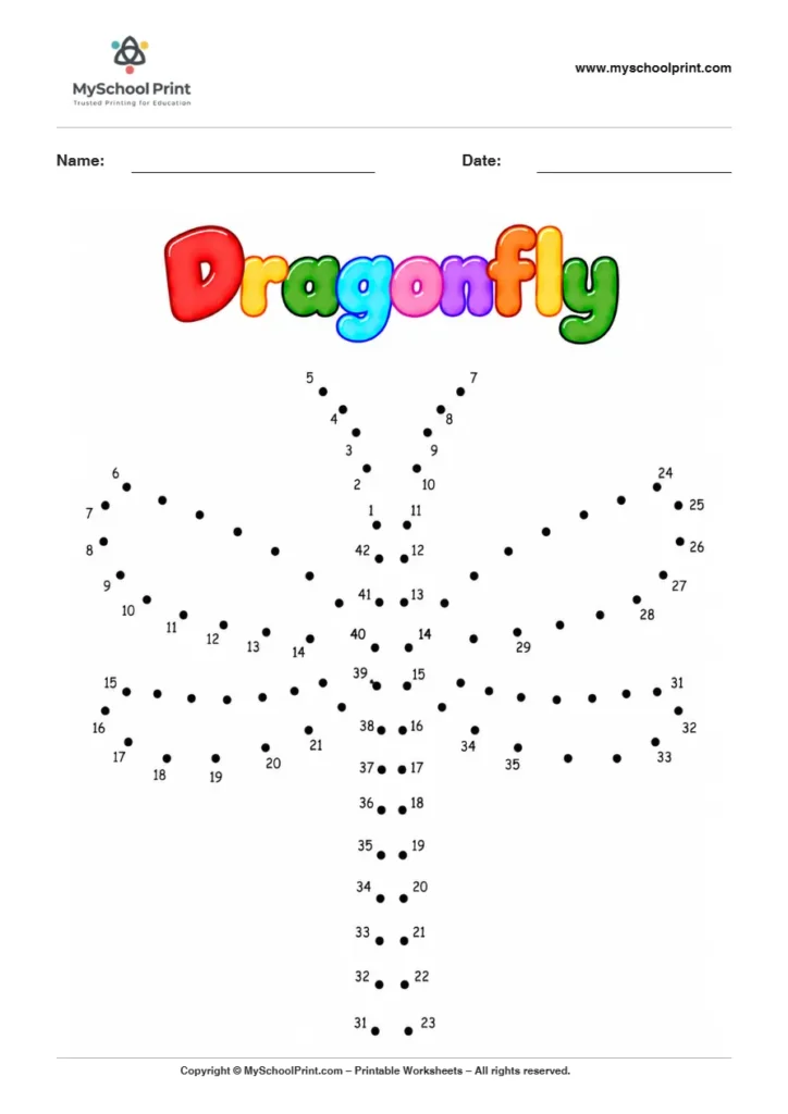 Dragonfly dot to dot worksheet for kids