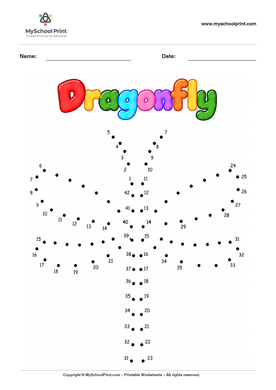 Dragonfly dot to dot worksheet for kids