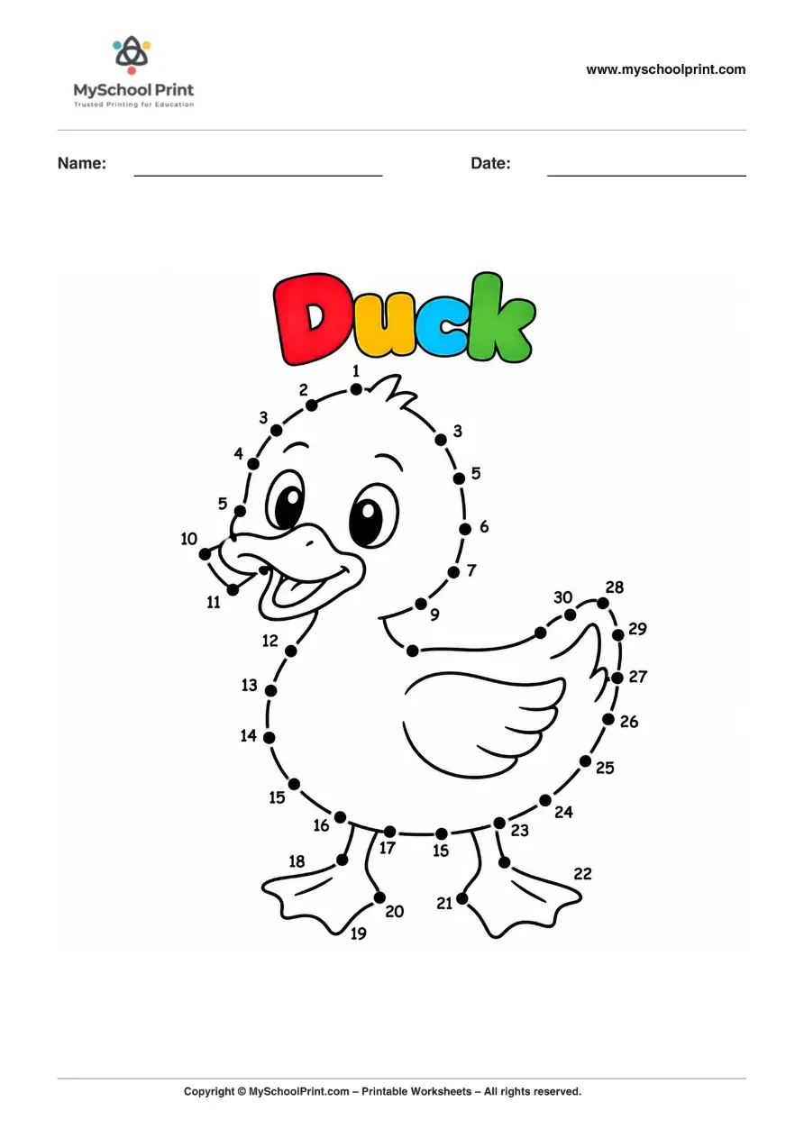 Dot to Dot Duck Coloring Worksheet for Kids