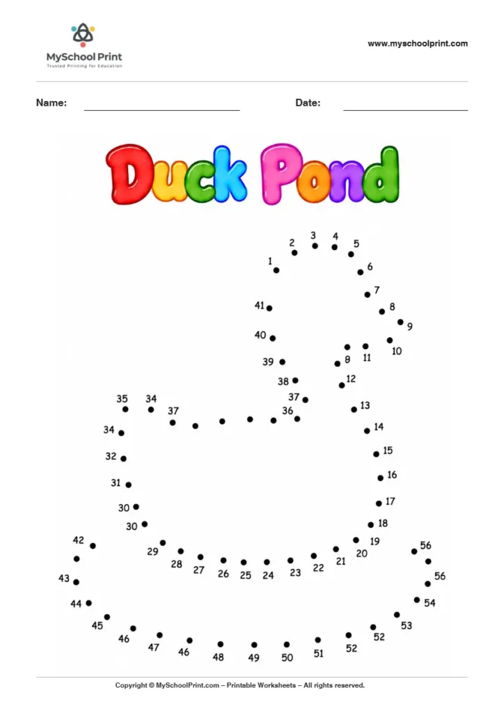 Duck Pond dot to dot worksheet for kids