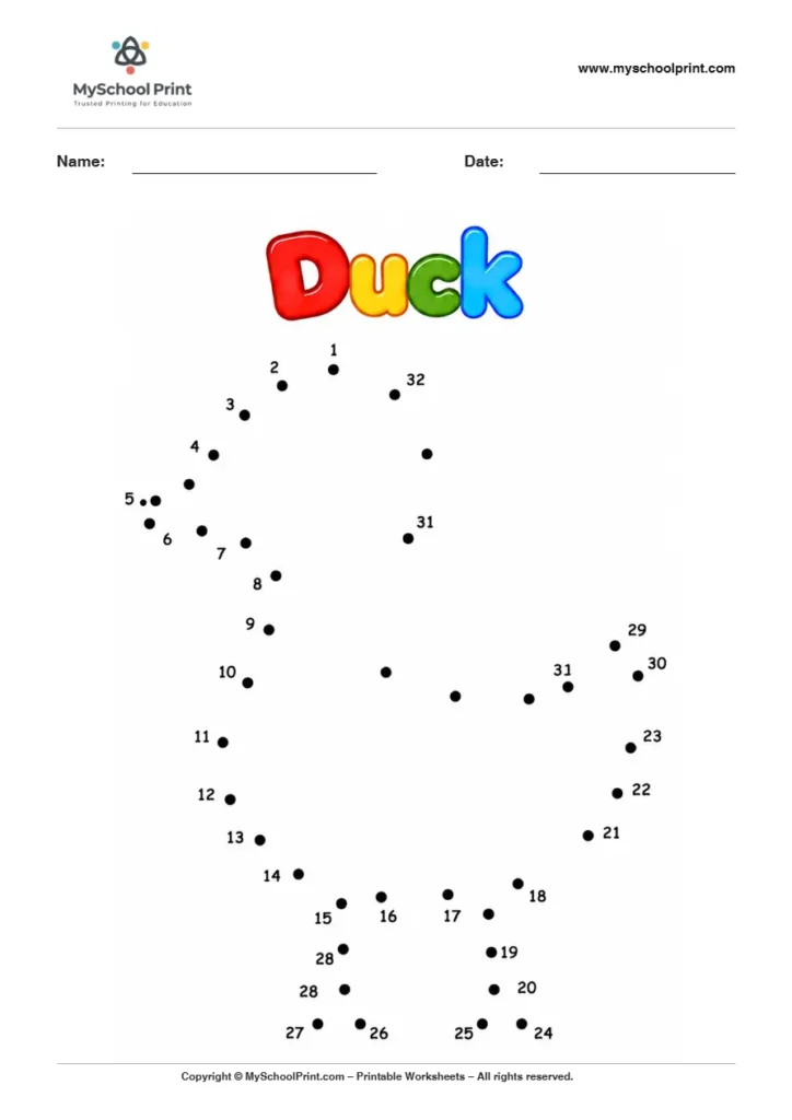 Duck dot to dot worksheet for kids