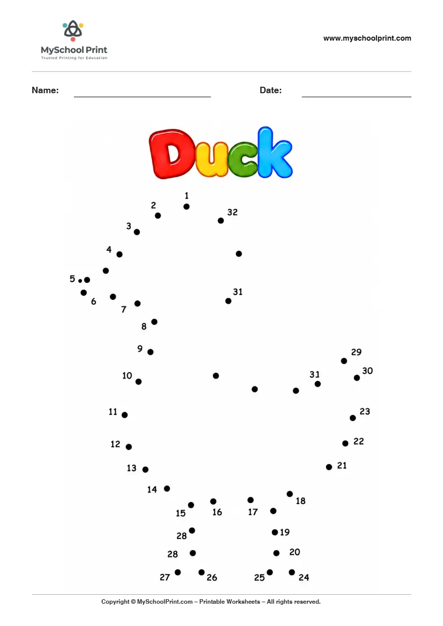 Duck dot to dot worksheet for kids