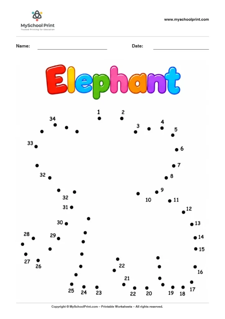 Elephant dot to dot worksheet for kids