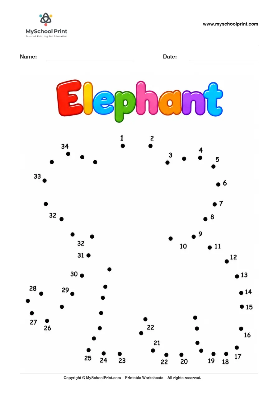 Elephant dot to dot worksheet for kids