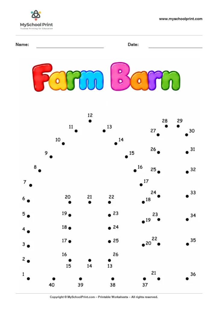 Farm Barn dot to dot worksheet for kids
