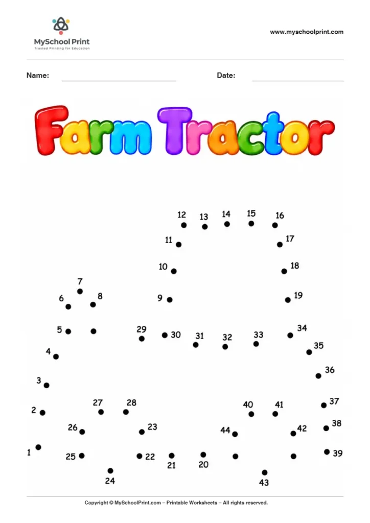 Farm Tractor dot to dot worksheet for kids