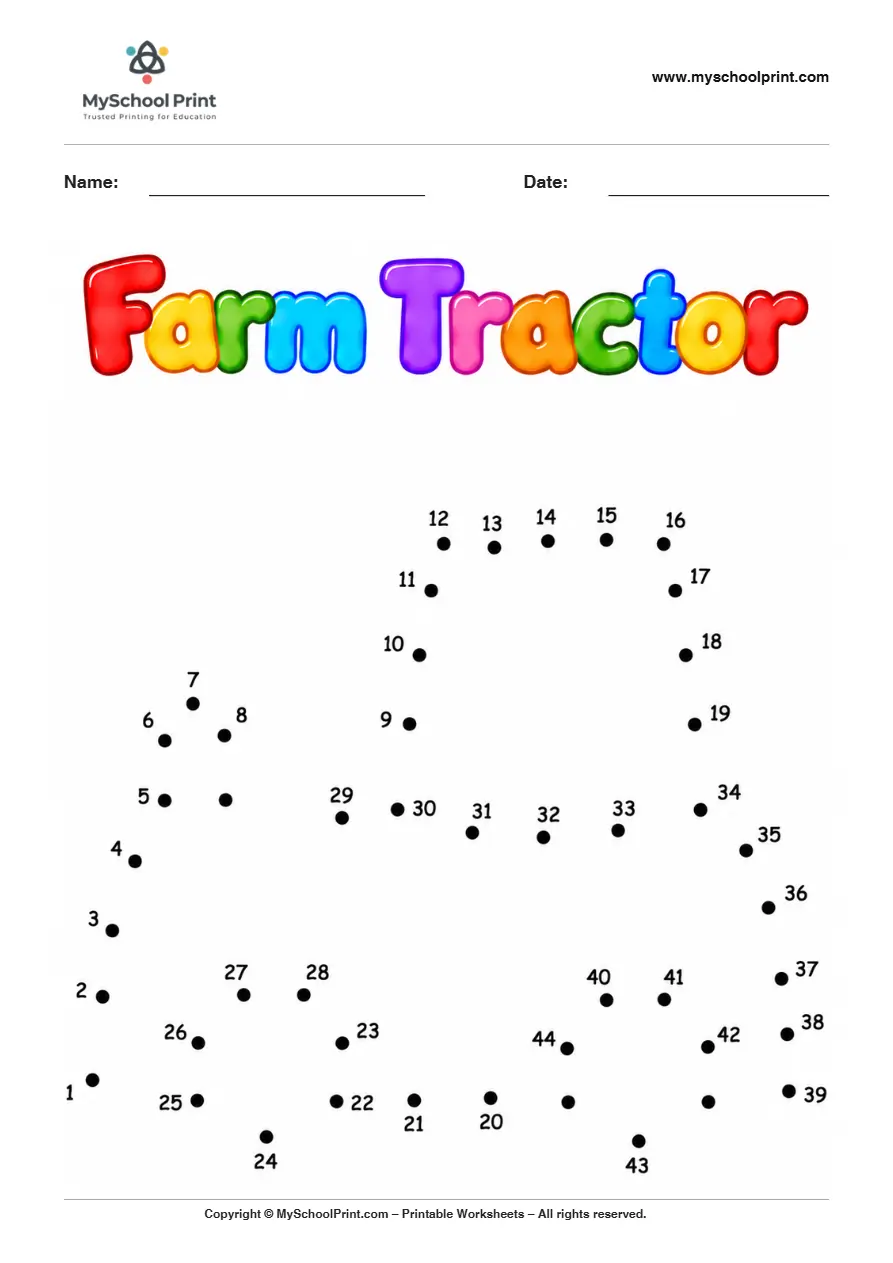 Farm Tractor dot to dot worksheet for kids