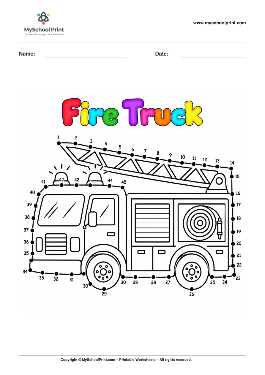 Dot to Dot Fire Truck Coloring Worksheet for Kids