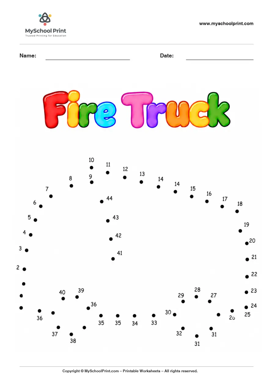 Fire Truck dot to dot worksheet for kids