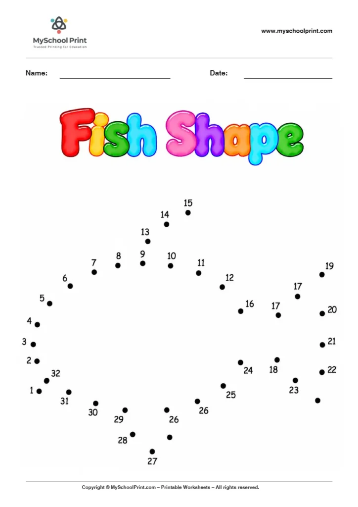 Fish Shape dot to dot worksheet for kids