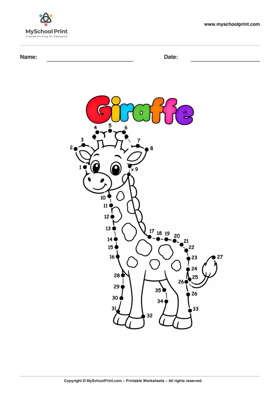 Dot to Dot Giraffe Coloring Worksheet for Kids