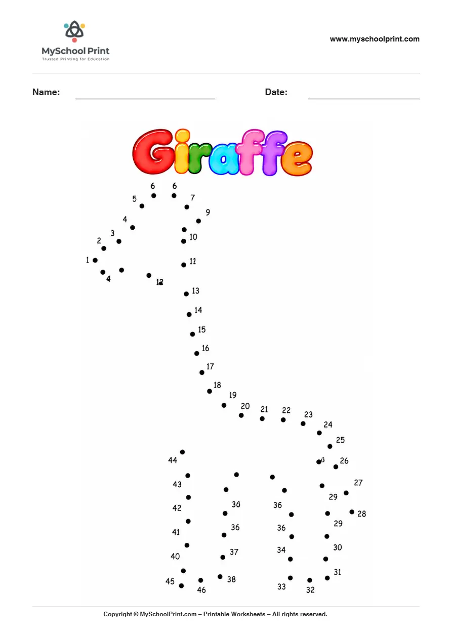 Giraffe dot to dot worksheet for kids