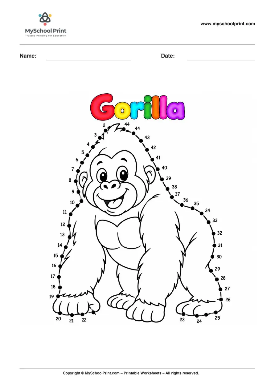Dot to Dot Gorilla Coloring Worksheet for Kids