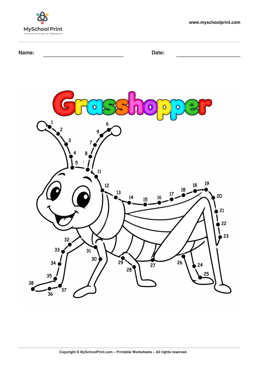 Dot to Dot Grasshopper Coloring Worksheet for Kids