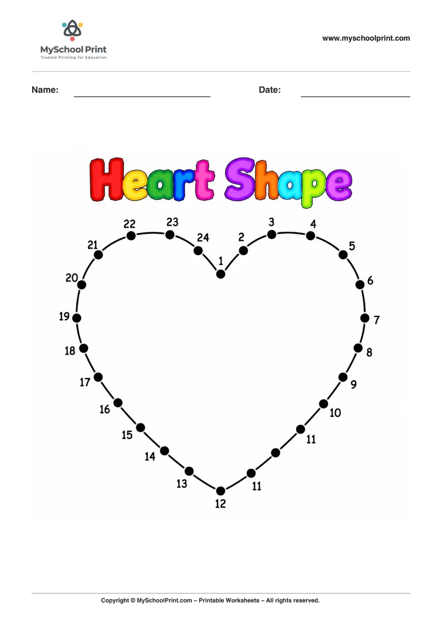 Dot to Dot Heart Shape Coloring Worksheet for Kids