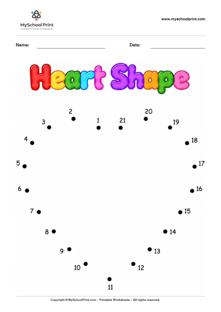 Heart Shape dot to dot worksheet for kids