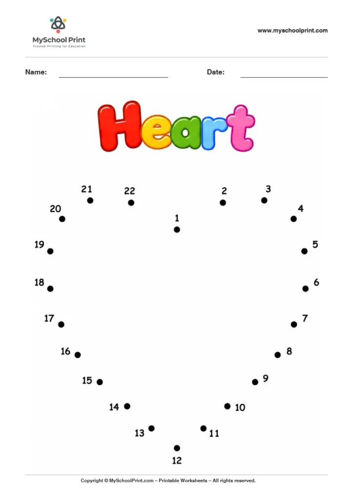 Heart dot to dot worksheet for kids