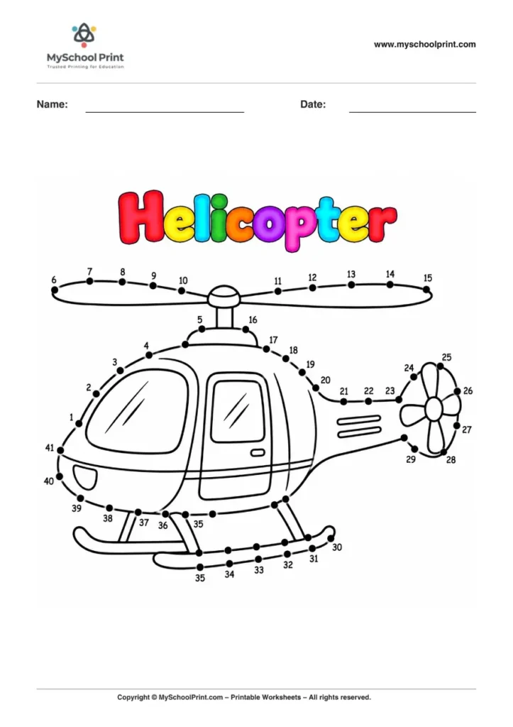 Dot to Dot Helicopter Coloring Worksheet for Kids