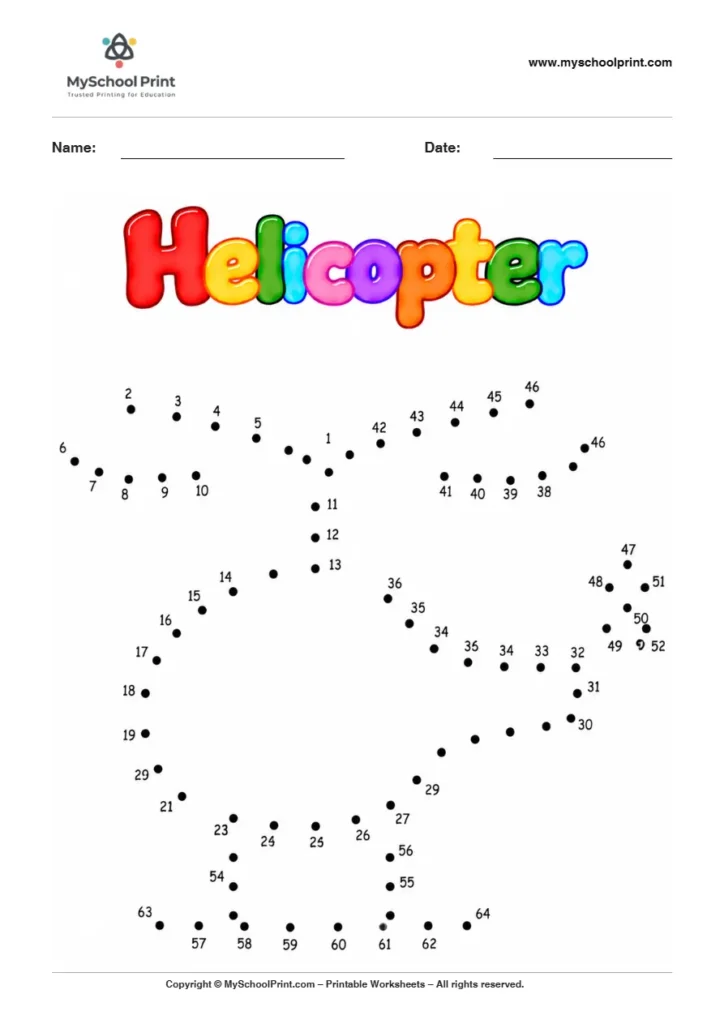 Helicopter dot to dot worksheet for kids