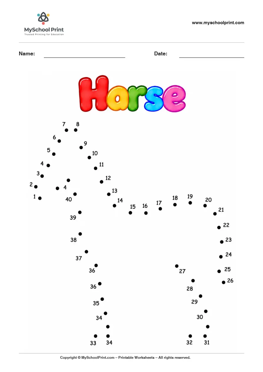 Horse dot to dot worksheet for kids