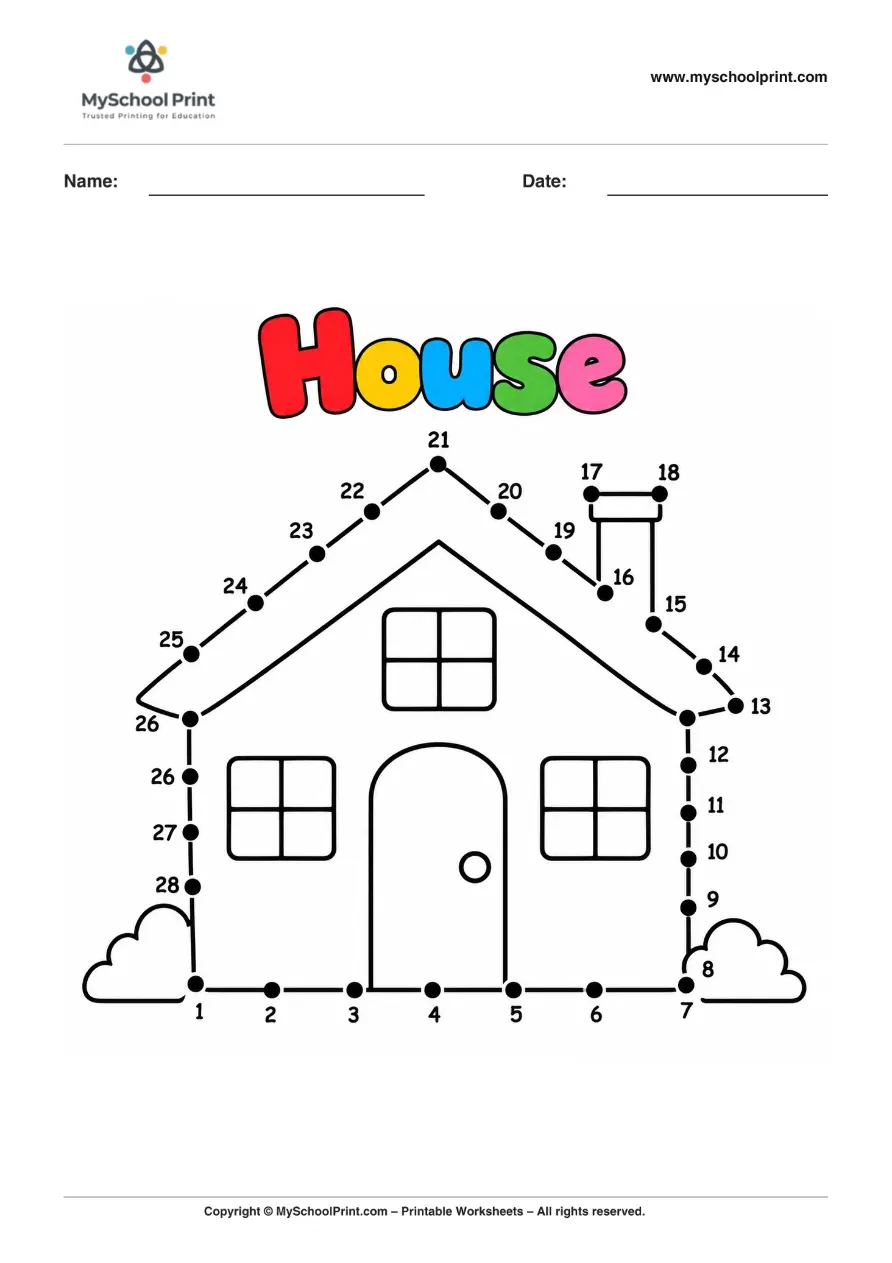 Dot to Dot House Coloring Worksheet for Kids