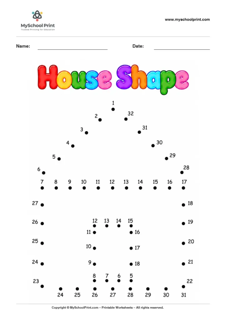 House Shape dot to dot worksheet for kids