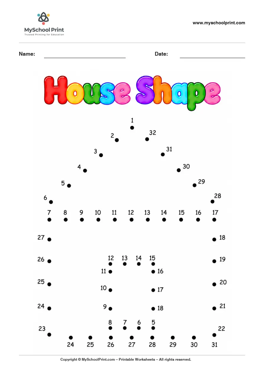 House Shape dot to dot worksheet for kids