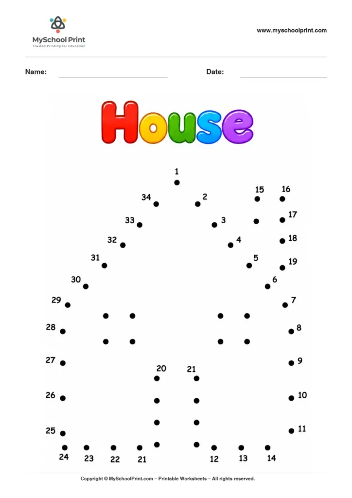 House dot to dot worksheet for kids