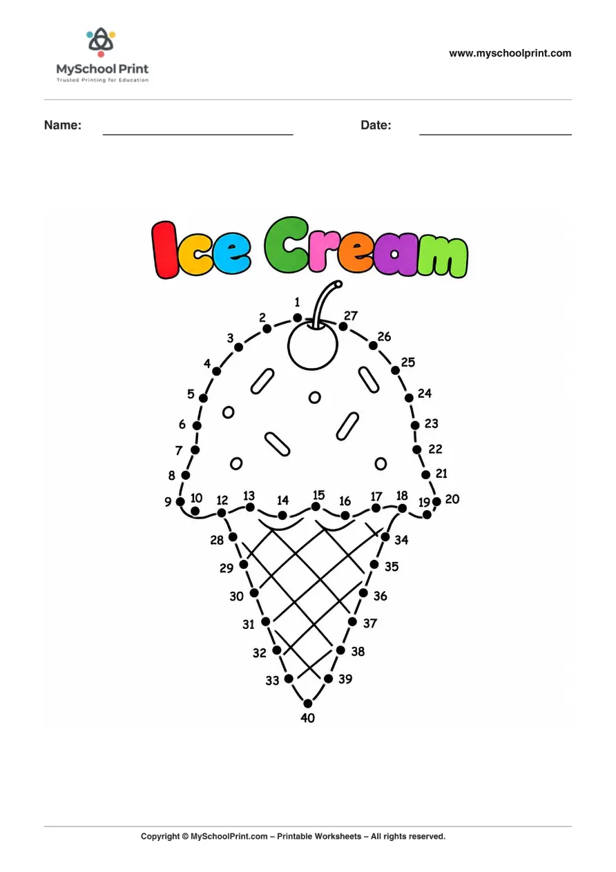 Dot to Dot Ice Cream Cone 2 Coloring Worksheet for Kids