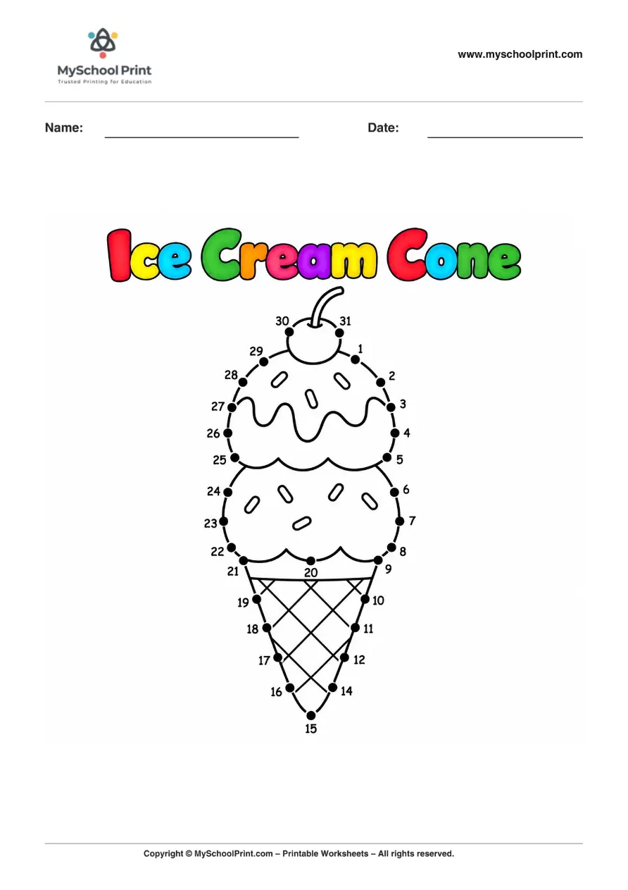 Dot to Dot Ice Cream Cone Coloring Worksheet for Kids