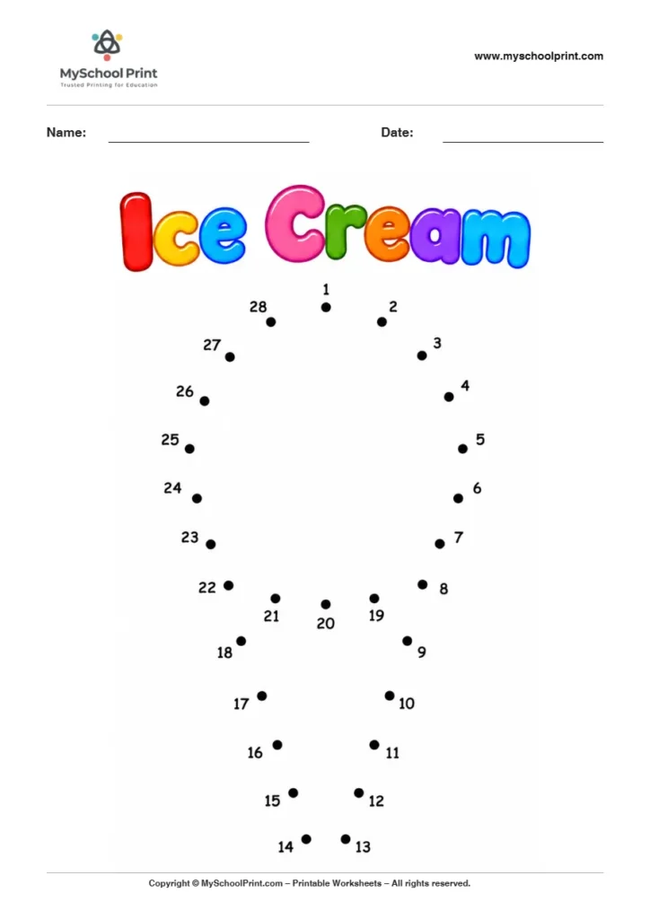 Ice Cream dot to dot worksheet for kids