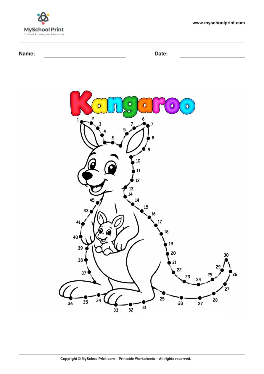 Dot to Dot Kangaroo Coloring Worksheet for Kids