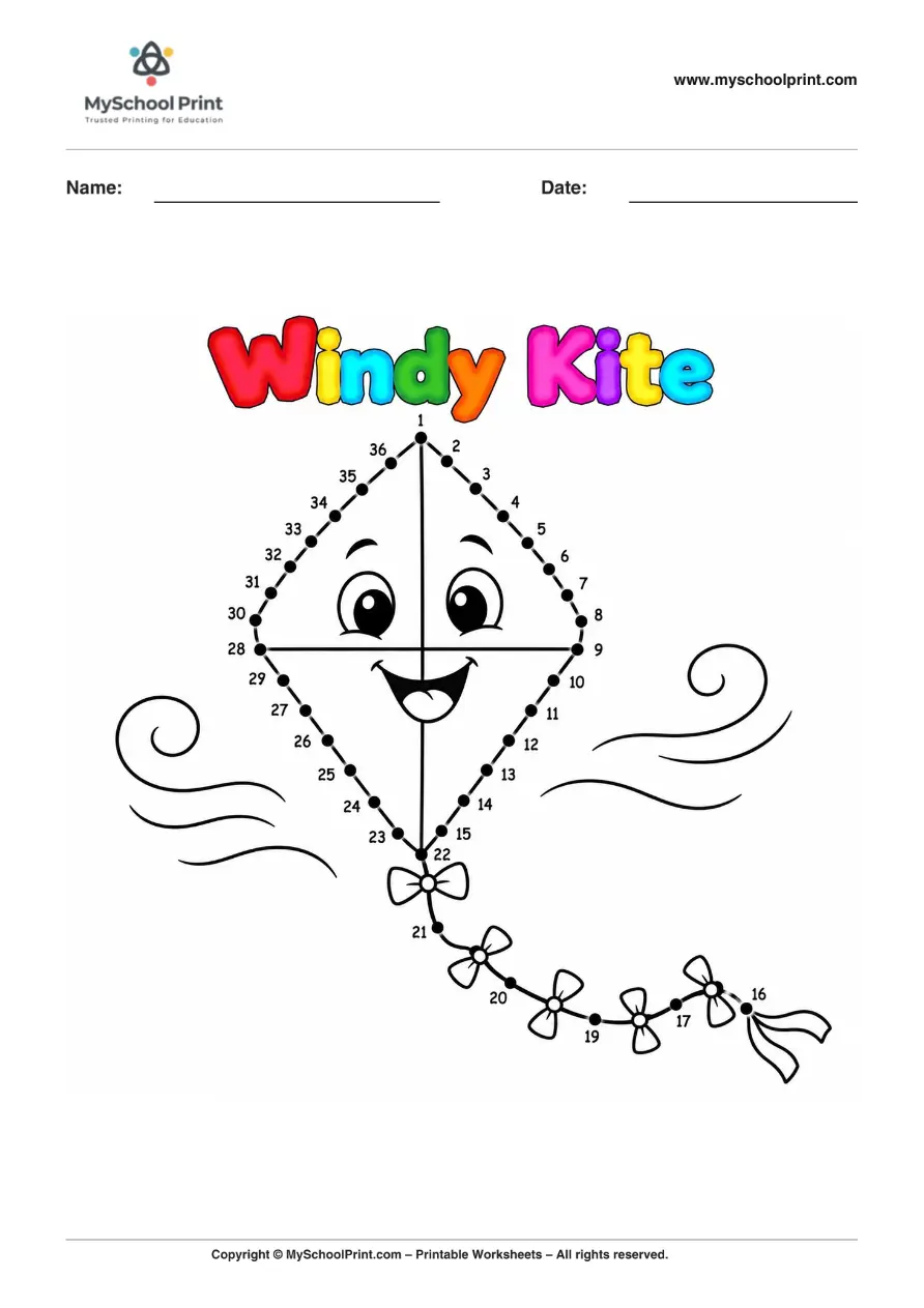 Dot to Dot Kite Coloring Worksheet for Kids