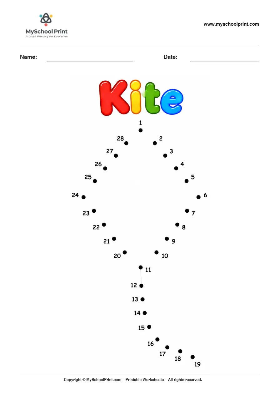 Kite dot to dot worksheet for kids