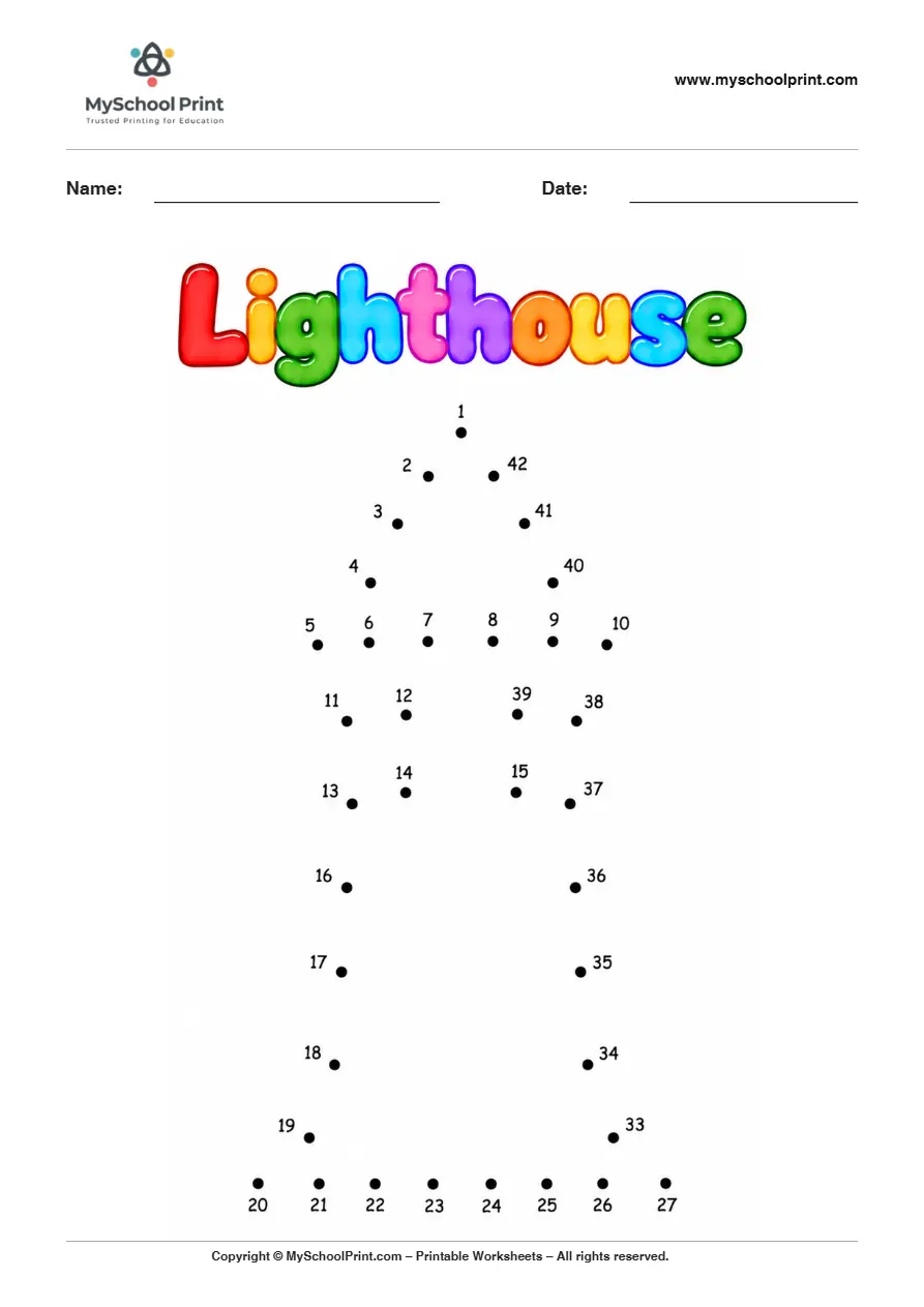 Lighthouse dot to dot worksheet for kids