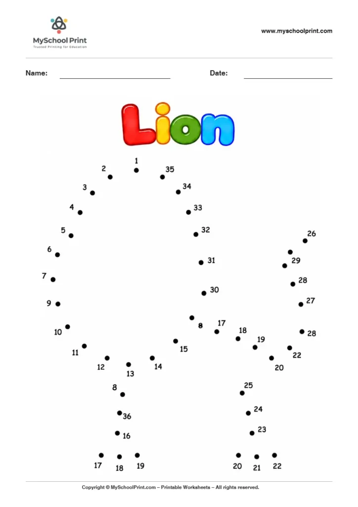 Lion dot to dot worksheet for kids