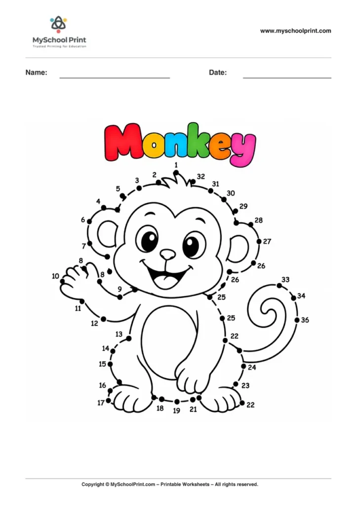 Dot to Dot Monkey Coloring Worksheet for Kids