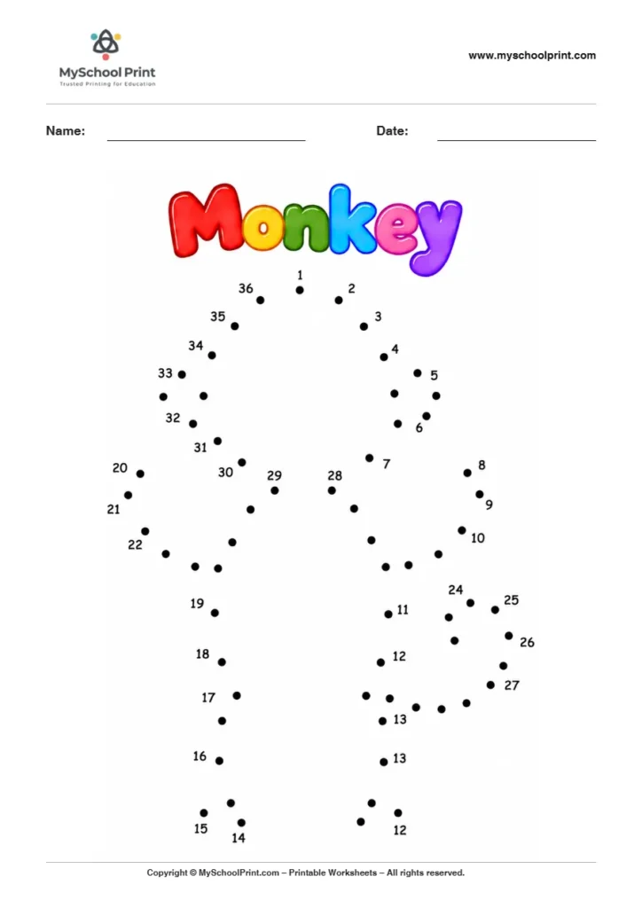 Monkey dot to dot worksheet for kids