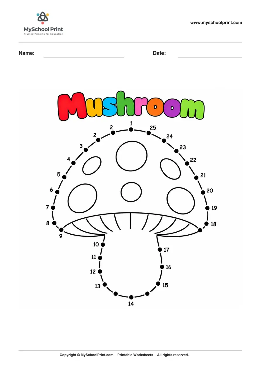 Dot to Dot Mushroom Coloring Worksheet for Kids