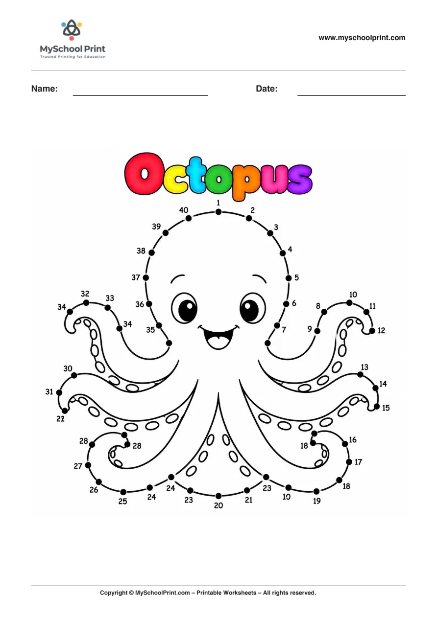 Dot to Dot Octopus Coloring Worksheet for Kids