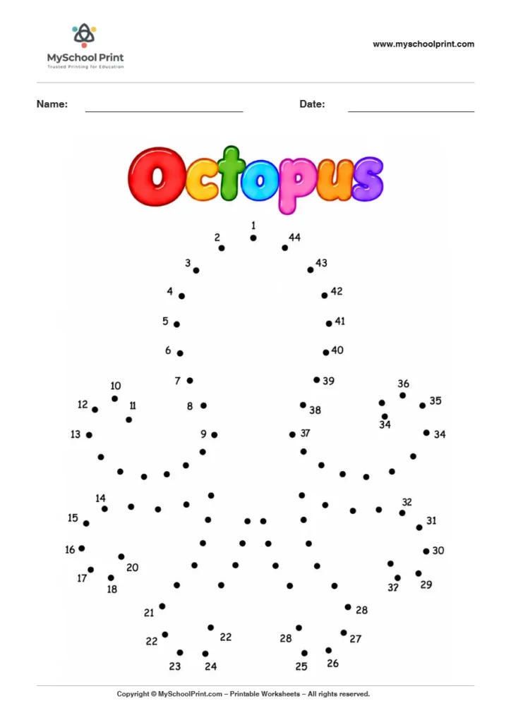 Octopus dot to dot worksheet for kids